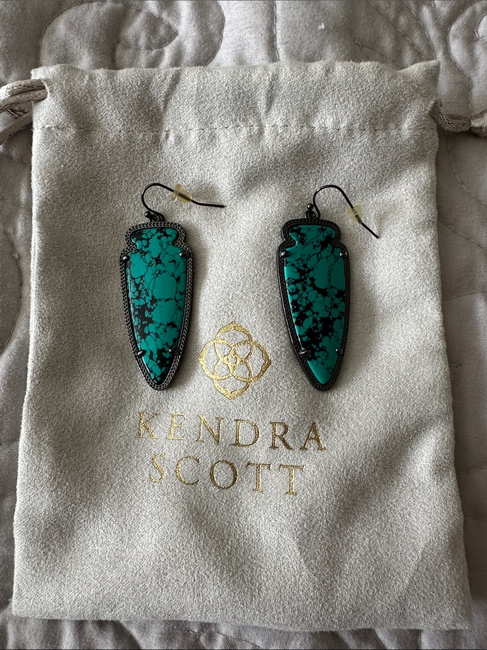 Kendra Scott Variegated Teal Magnesite Skylar earrings in a gunmetal finish
